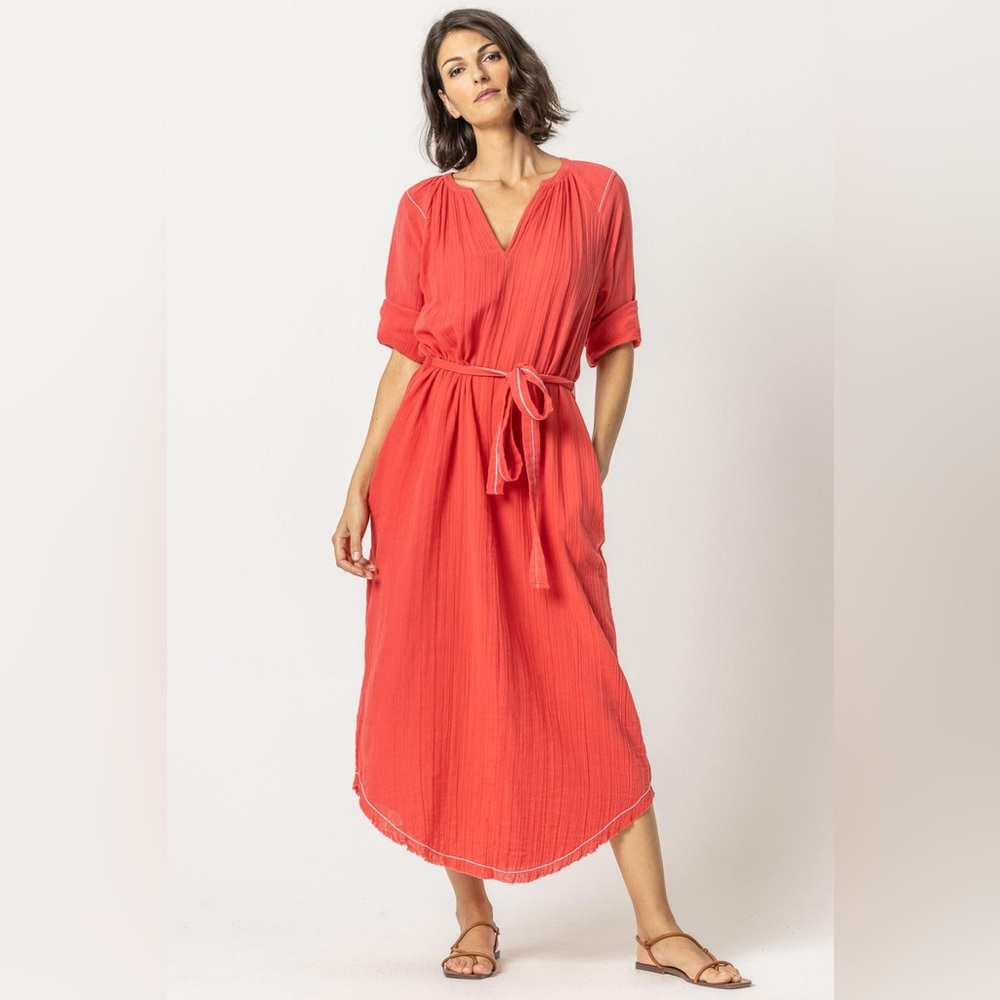 LILLA P CAMEL COLORED SPLIT NECK DOUBLE GAUZE DRESS SZ XL
